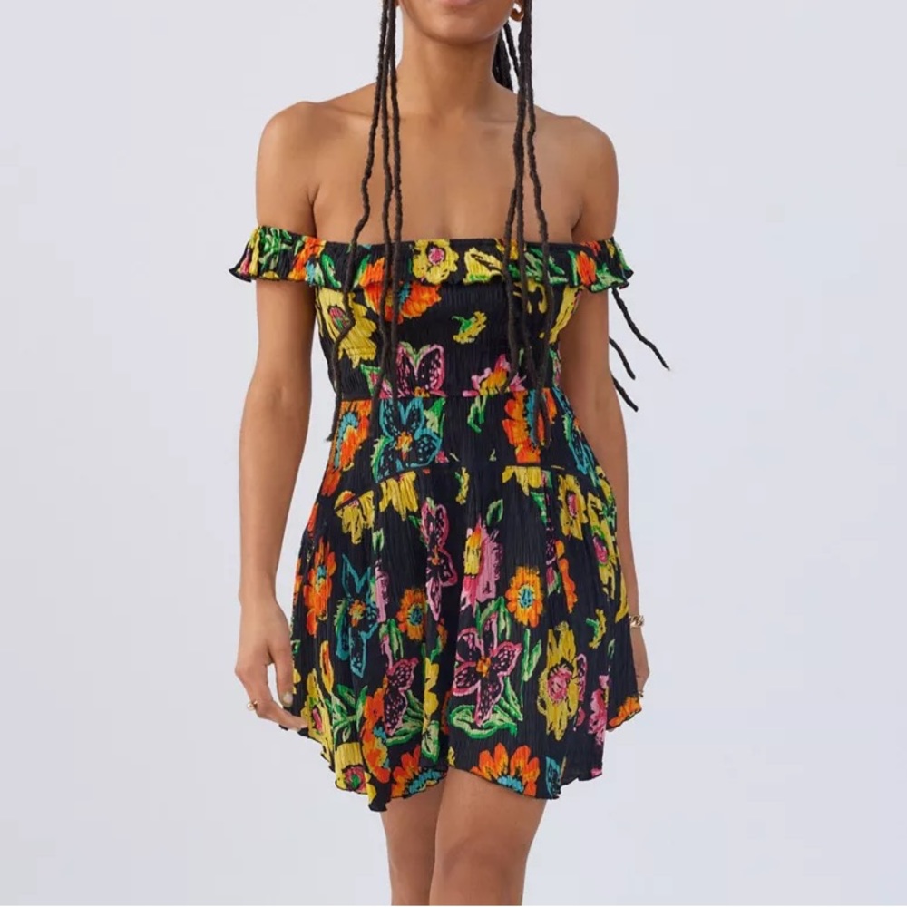 Urban Outfitters UO Aubrey Off-The-Shoulder Mini Dress • Black w/ Bright Flowers